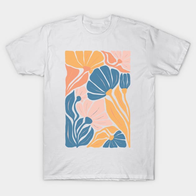 Blue Yellow Pink Abstract Flowers T-Shirt by JunkyDotCom